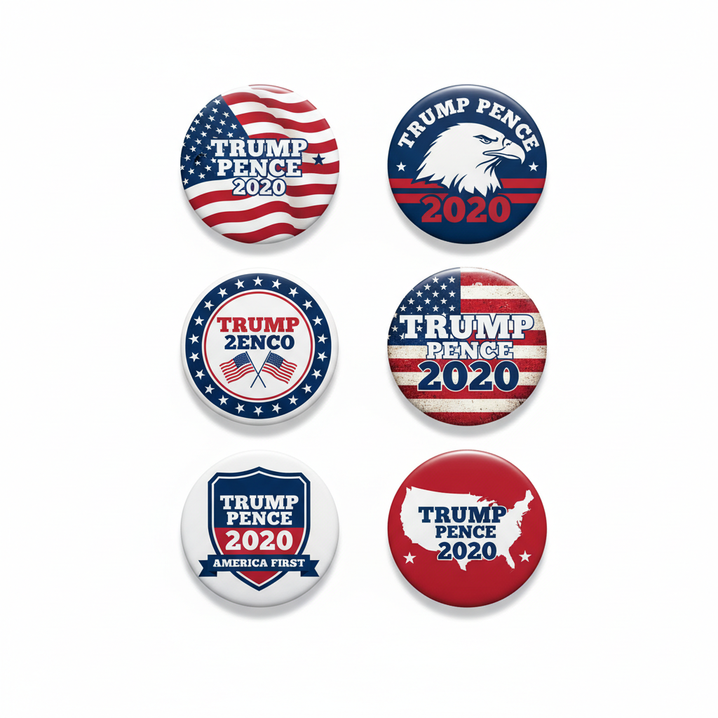 Six round political pin-back buttons featuring Trump and Pence 2020 designs on a light gray background. Designs include the American flag, an eagle with 'Trump Pence 2020', crossed flags with 'Trump Zenco', a U.