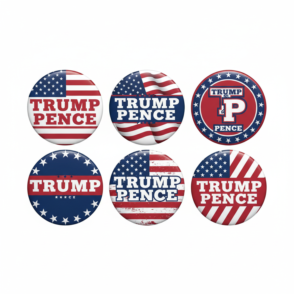 Six circular button badges featuring the Trump-Pence slogan and American flag designs, arranged in a 2x3 grid on a plain white background.