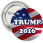 Trump 2016 pinback button with American flag design and TRUMP lettering