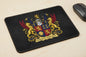 Black mousepad with colorful Turner family crest coat of arms and motto text