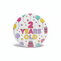 Round birthday pinback button with colorful balloons, cake, and “2 Years Old” text