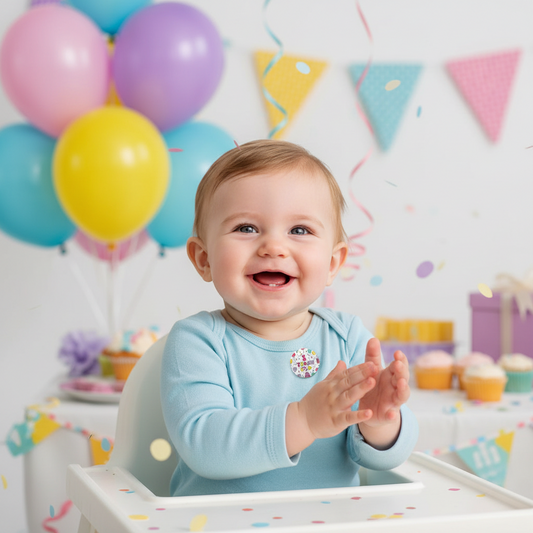 Baby shirt with a round multicolor “1 year” pinback badge on the chest.