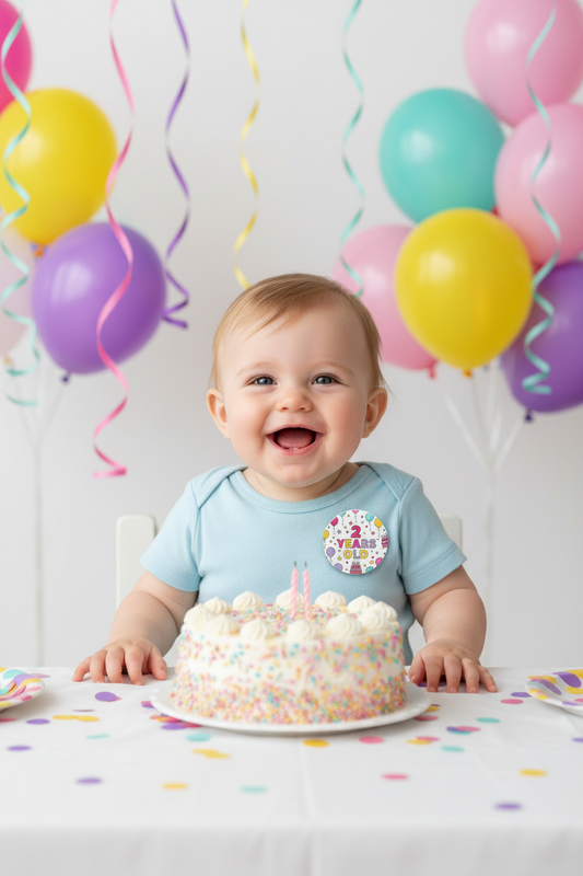 Birthday pinback button on baby shirt with “2 Years Old” colorful design