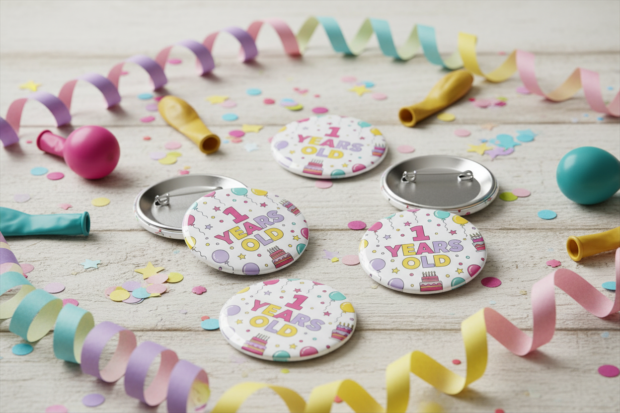 Set of round silver pinback buttons with colorful '1 year old' text