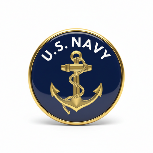 U.S. Navy pinback button in navy blue with gold anchor and lettering, 2.25-inch