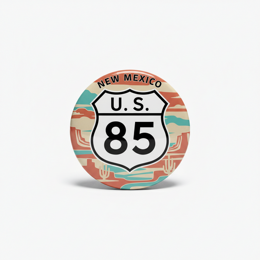 Round U.S. 85 New Mexico pinback badge with colorful desert landscape graphic