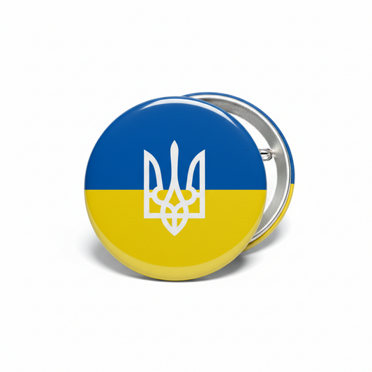 Round Ukraine trident pinback, blue-and-yellow with white emblem, 2.25-inch