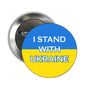 Round pinback button: blue/yellow design with 'I STAND WITH UKRAINE' text