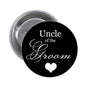 Uncle of the Groom pinback button, black round badge with white script and heart
