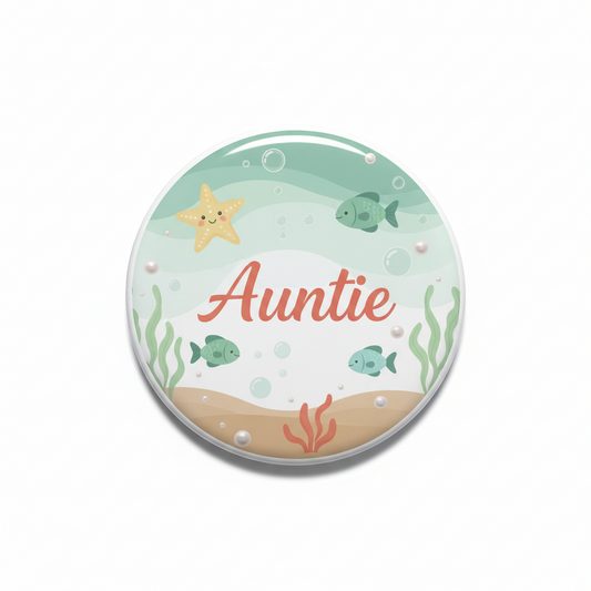 2.25-inch ocean 'Auntie' pinback button with fish, starfish, and bubbles