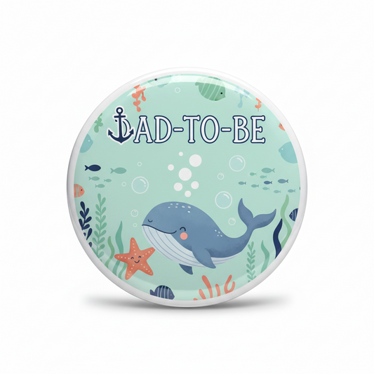 Round ocean-themed pinback button with “DAD-TO-BE” and sea creatures, 2.25-inch