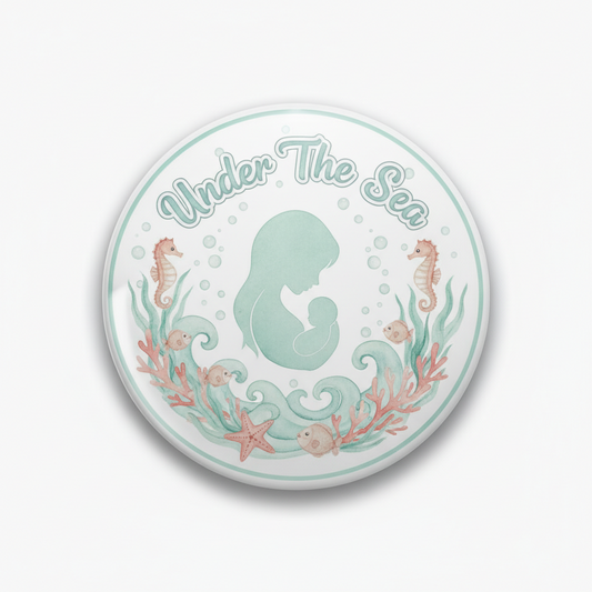 Ocean baby shower mother pinback, round 2.25-inch with seahorses and mermaid graphic