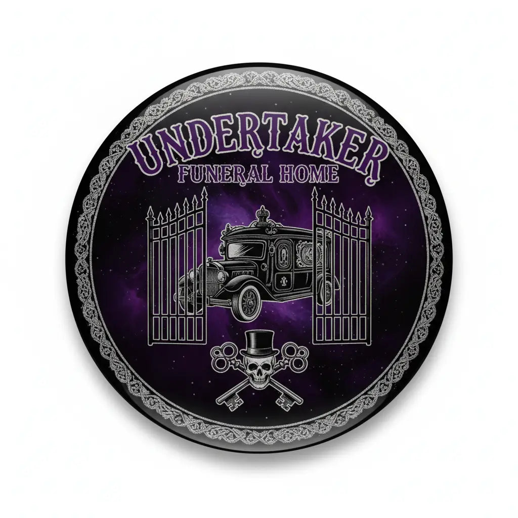 Round Undertaker Funeral Home pinback button with purple scene, gate and hearse graphic