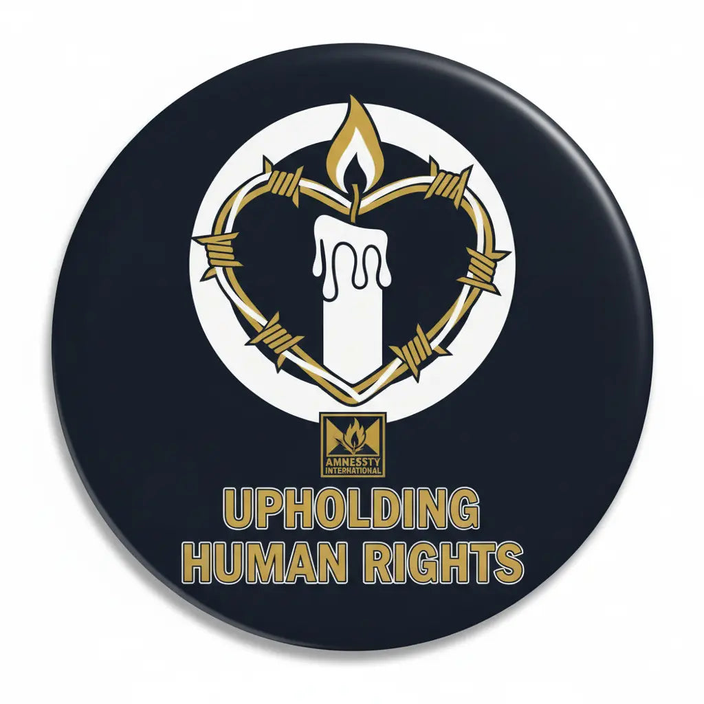 Round navy Amnesty pinback button with candle emblem and gold 'UPHOLDING HUMAN RIGHTS' text