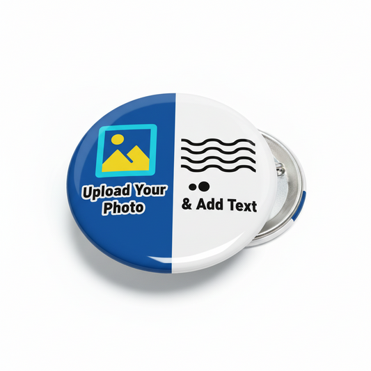 2.25-inch round pinback button, blue and white halves, safety pin backing, 'Upload Your Photo'