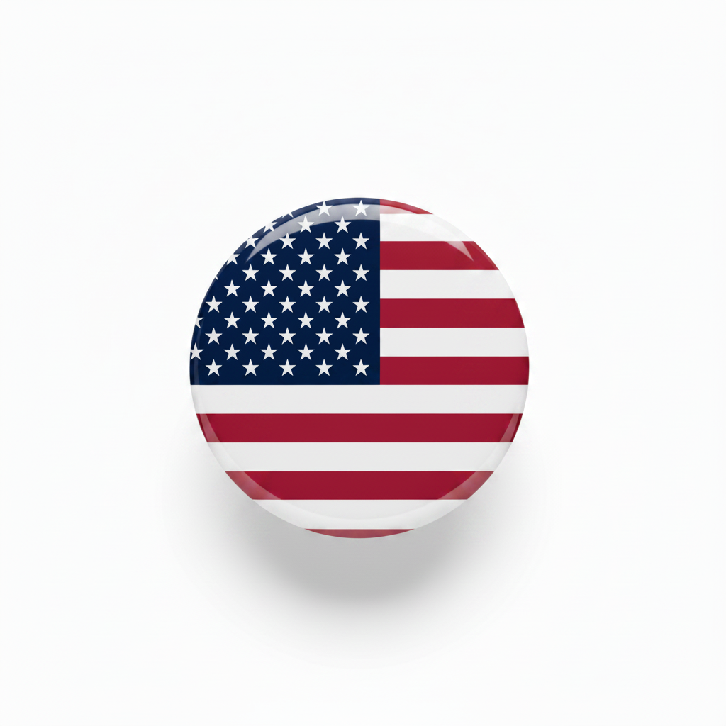 Round American flag pinback badge with star-and-stripe design