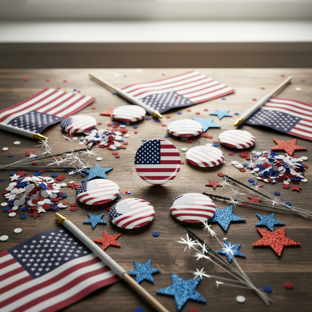Assorted round American flag pinback badges scattered with confetti