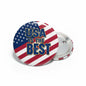 Round USA flag pinback button with 'USA IS THE BEST' text, 1.25-inch metal backing