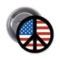 USA peace sign pinback button, 1.25-inch, black symbol over flag stripes