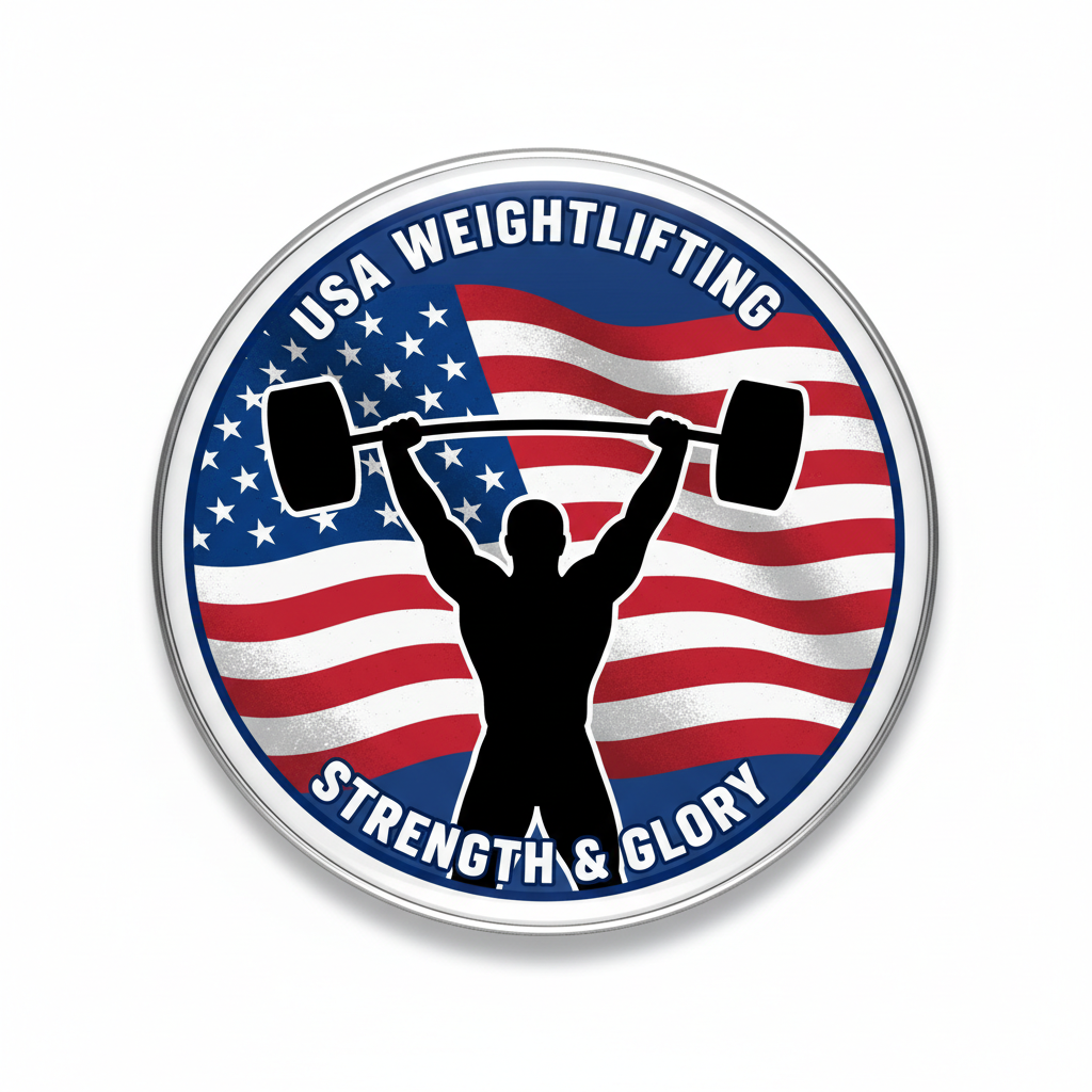 Round USA Weightlifting pinback with American flag, barbell lifter, "Strength & Glory"