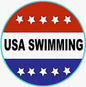 Round USA SWIMMING pinback button with red, white, and blue stripes and stars