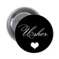 Black wedding pinback button with Usher script and white heart