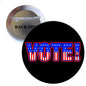 1.25-inch round pinback button with black background and red/blue "VOTE" design