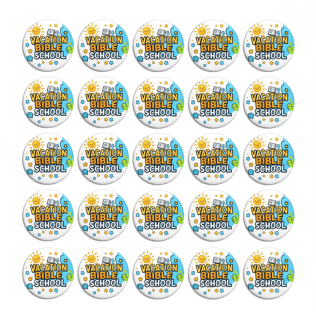 Repeating pattern of 'Vacation Bible School' buttons on a white background