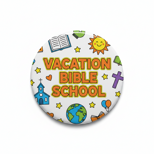 Button badge with 'Vacation Bible School' text and religious icons on a white background