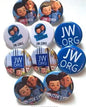 Set of round blue JW.ORG pinback buttons with faces printed on each