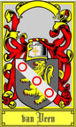 Van Veen family crest pinback with shield, helmet, lions, and red/yellow border