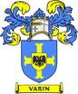 Varin family crest pinback badge: blue shield with yellow trim and black eagle