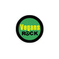 Round green Vegans Rock pinback with black border and vegan power symbol