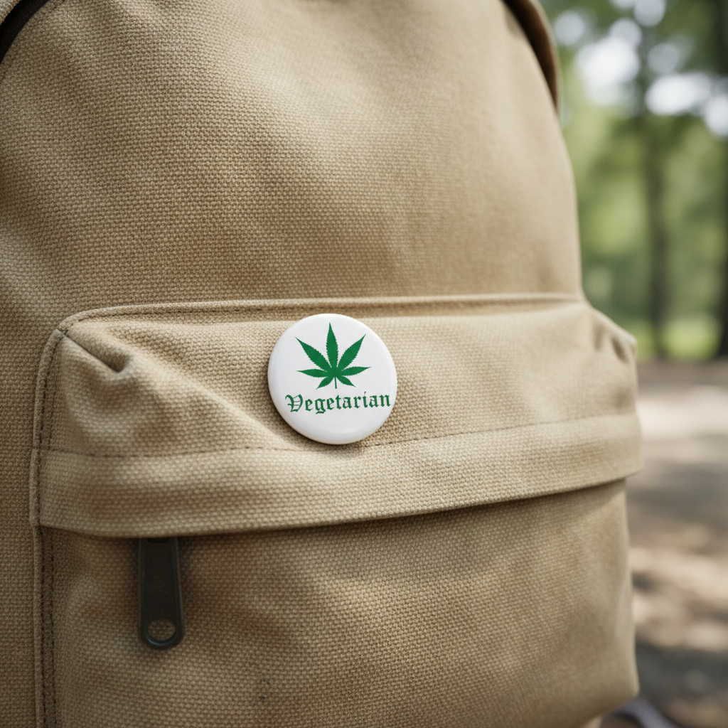 A round white pin badge with a green cannabis leaf and the word 'Vegetarian' printed in green, attached to a beige canvas backpack in an outdoor setting.