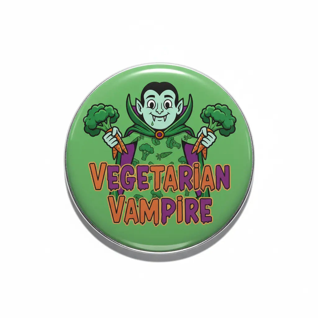 2.25-inch green vegetarian vampire pinback button with cartoon vampire and text
