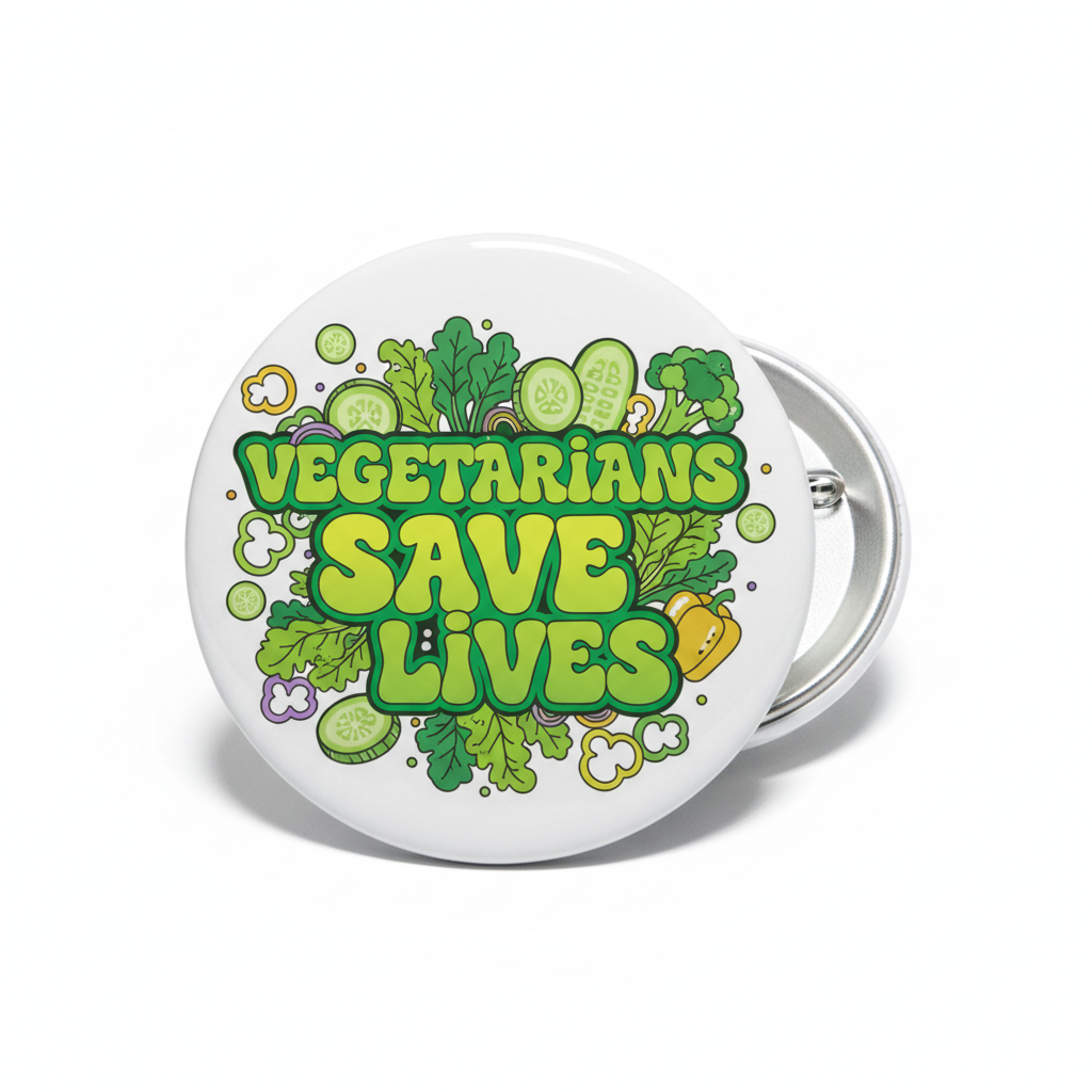 Round white pinback button with green text "VEGETARIANS SAVE LIVES" and plant icons