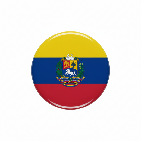 Venezuela flag crest pin, circular 2.25-inch enamel badge with center coat of arms