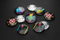 Set of arcade-style video game pinback buttons, round enamel, colorful icons