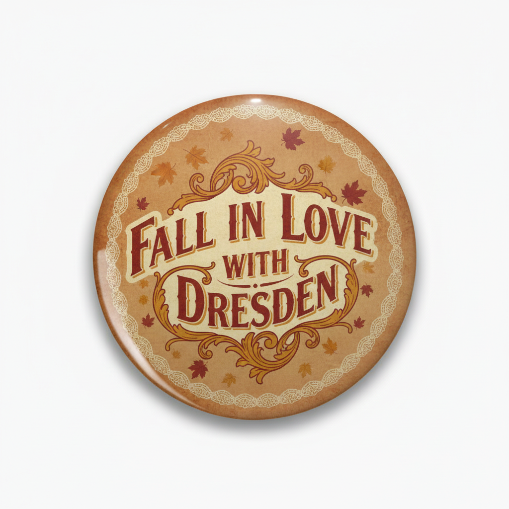 Round tan pinback button with ornate 'Fall in Love with Dresden' lettering and border