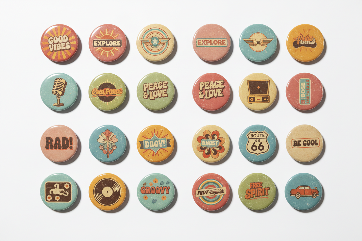 Assorted round retro pinback buttons with colorful printed sayings and icons