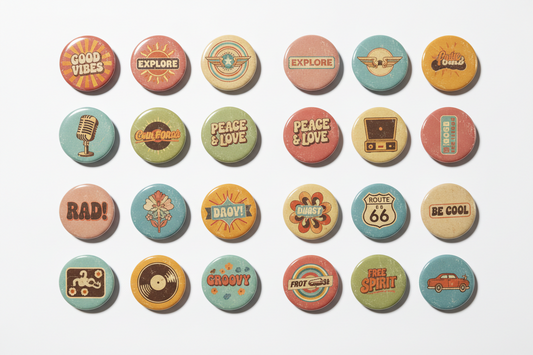 Assorted round retro pinback buttons with colorful printed sayings and icons