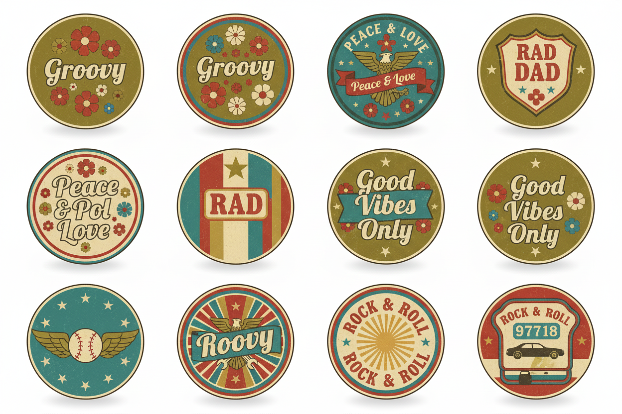 A set of 15 retro-style rock and roll themed graphic badges or stickers arranged in a 3x5 grid on a plain white background. The designs feature vintage typography, stars, eagles, baseballs, and cars in muted colors like teal, red, beige, and green.