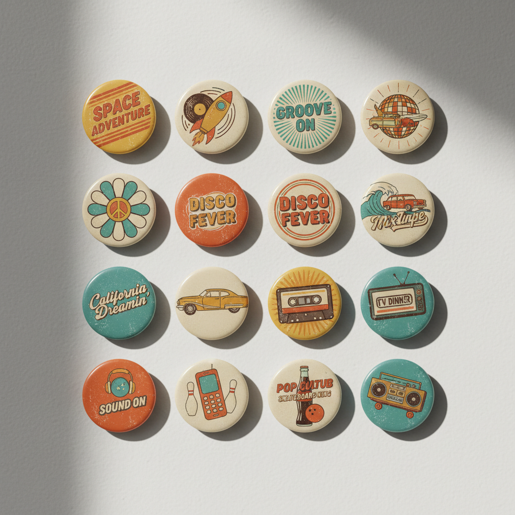 Set of round retro pinback buttons with space, disco, car, and music themed designs