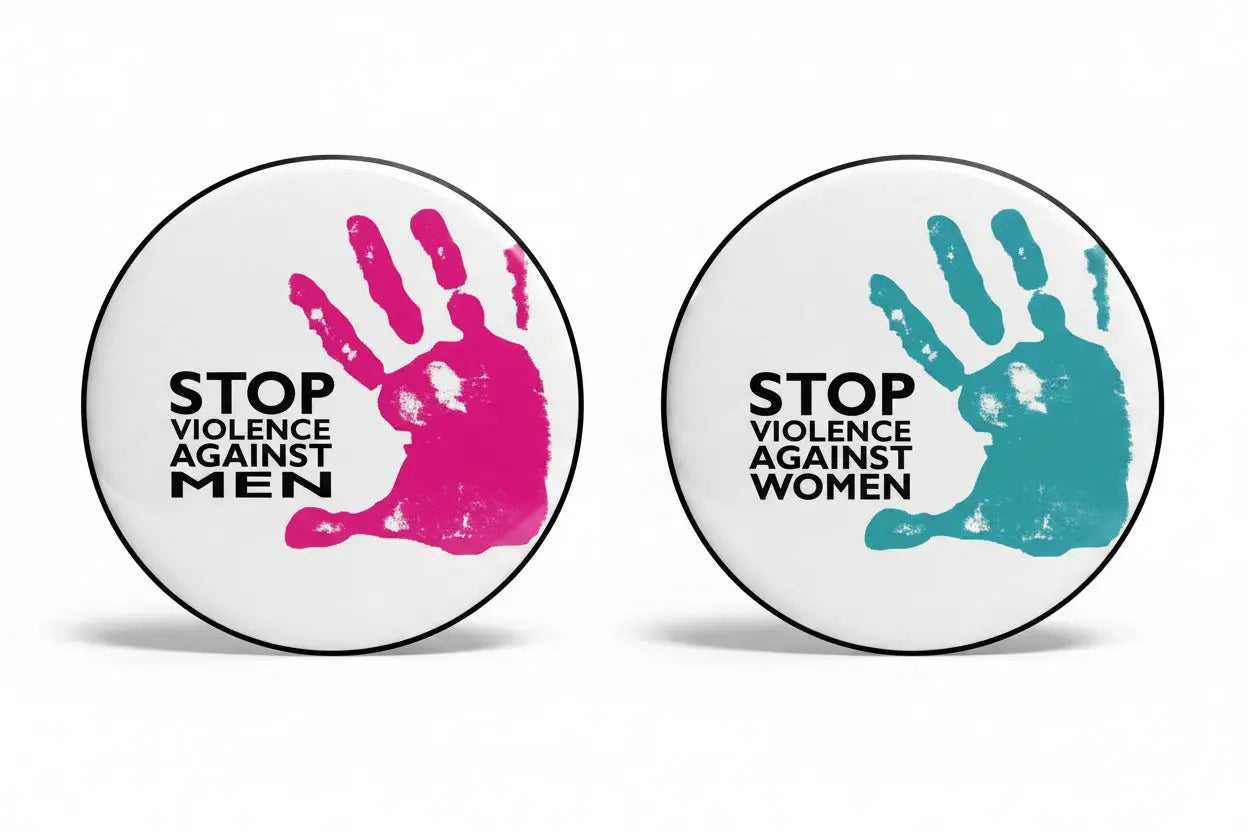 Set of two stop violence pinback buttons, circular pink and teal designs