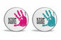Set of two stop violence pinback buttons, circular pink and teal designs