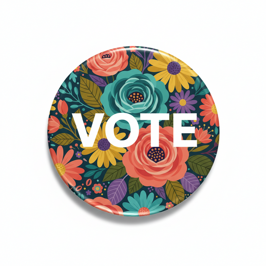2.25-inch pinback button with colorful modern floral pattern and 'VOTE' lettering