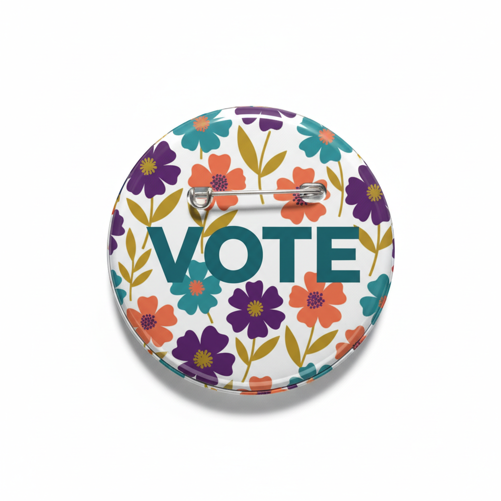 2.25-inch floral pinback button with VOTE text in multicolored flowers