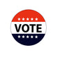 Round VOTE lapel pin with red, white, and navy sections and five stars, black 'VOTE'
