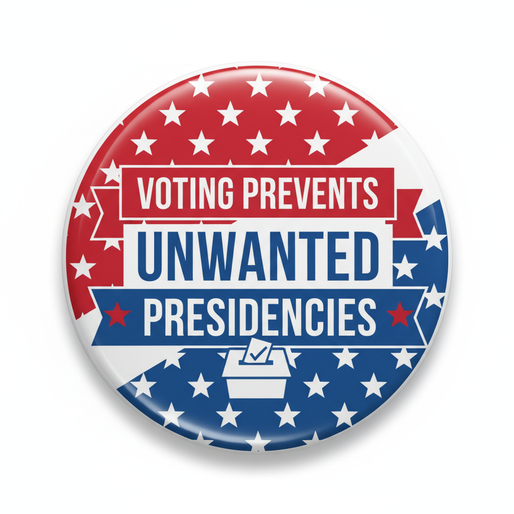 Political campaign button pin with red, white, and blue stars and “VOTING PREVENTS UNWANTED” text
