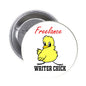 1.25-inch round pinback badge: yellow chick with 'Freelance' and 'WRITER CHICK' text